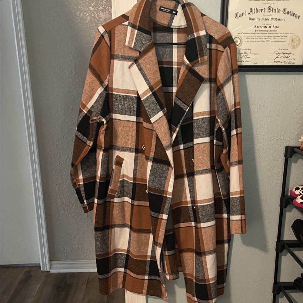 SHEIN Brown and Black Plaid Trench Coat